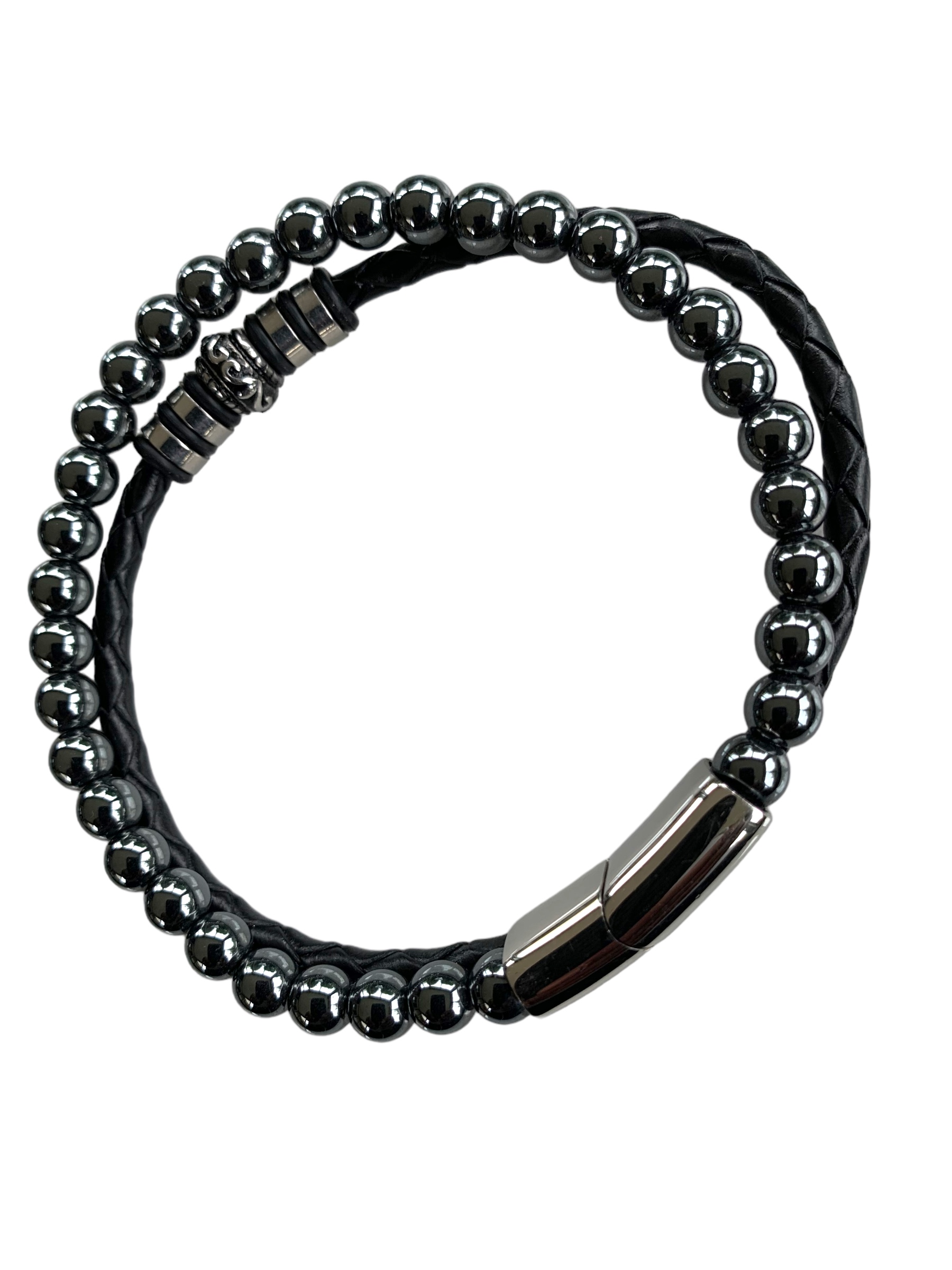 Set de 2 bracelets en cuir noir et hématite