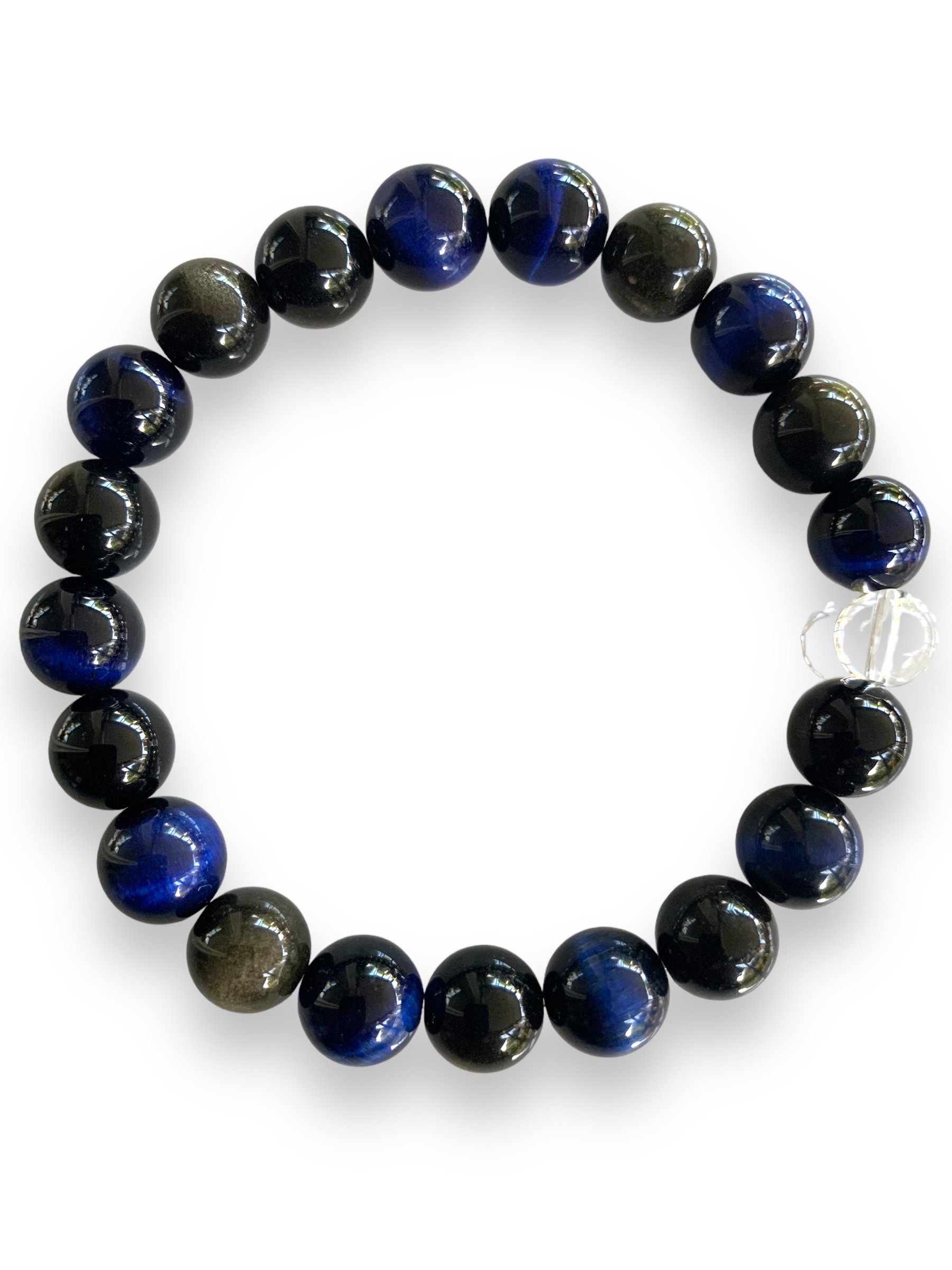 Bracelet Oeil de Tigre Bleu, Obsidienne Céleste et Cristal de roche