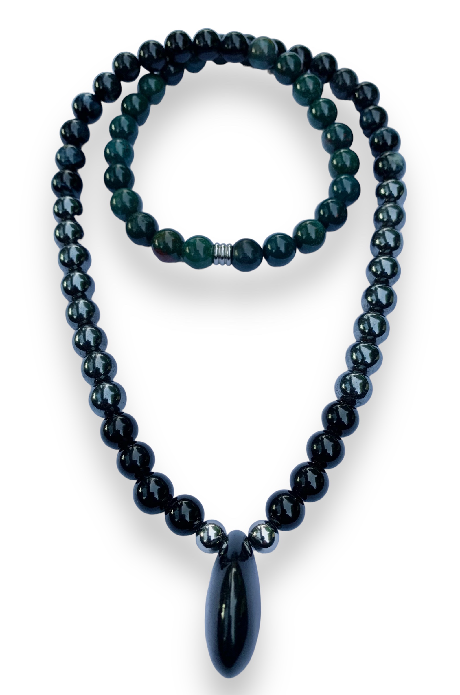 Collier Jaspe sanguin, Oeil de faucon, Hématit, et pendentif Obsidienne noire Plastron