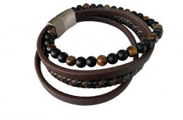 Set de 4 bracelets en cuir marron oeil de tigre et agate noire