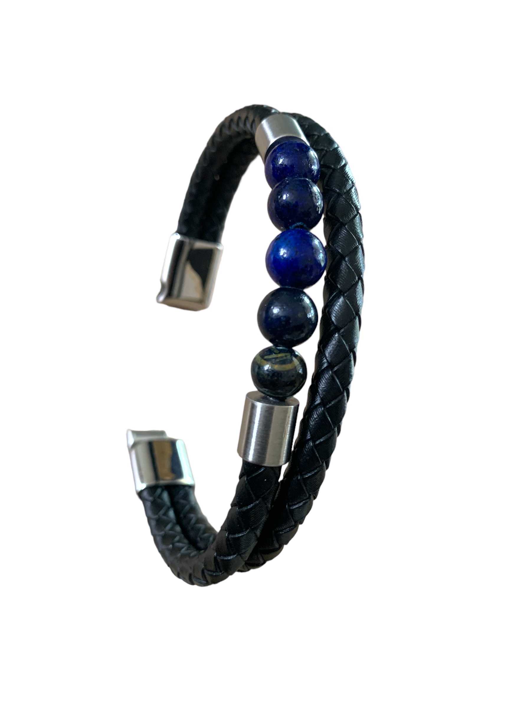 Set de 2 bracelets en cuir noir avec lapis-lazuli et agate noire Serenity