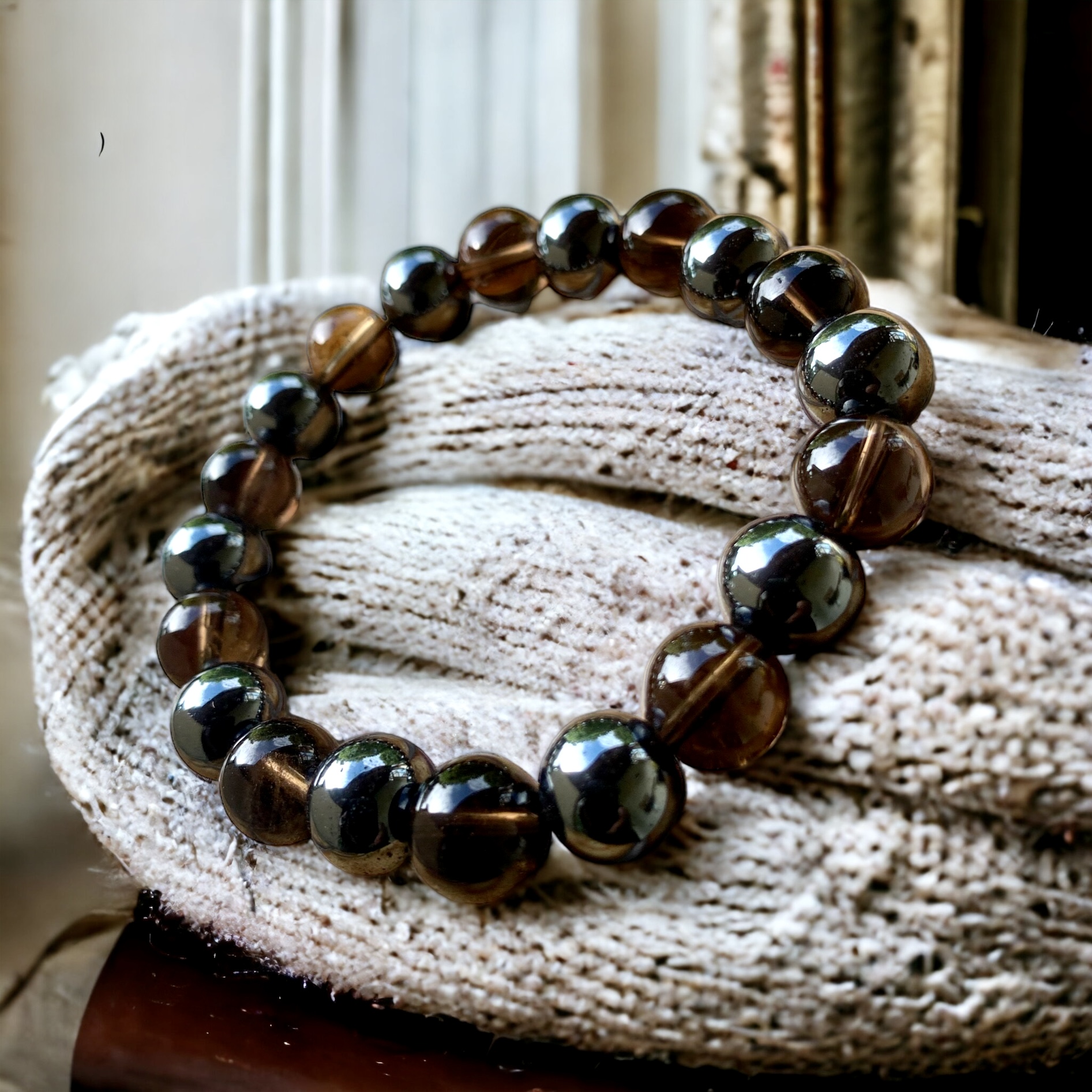 Bracelet de perles Quartz Fumé et Hématite