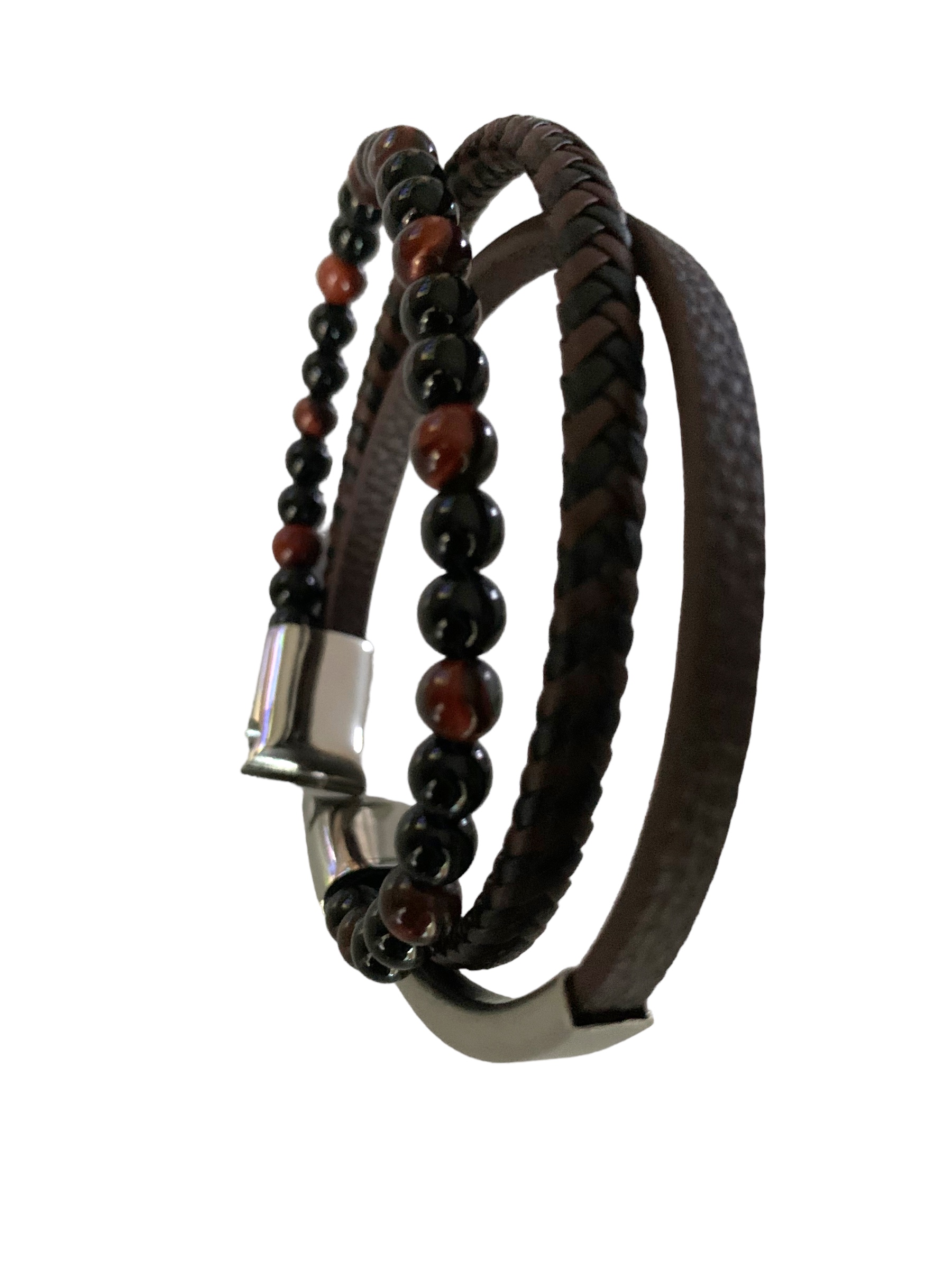 Set de 3 bracelets en cuir marron agate noire et oeil de taureau Providence