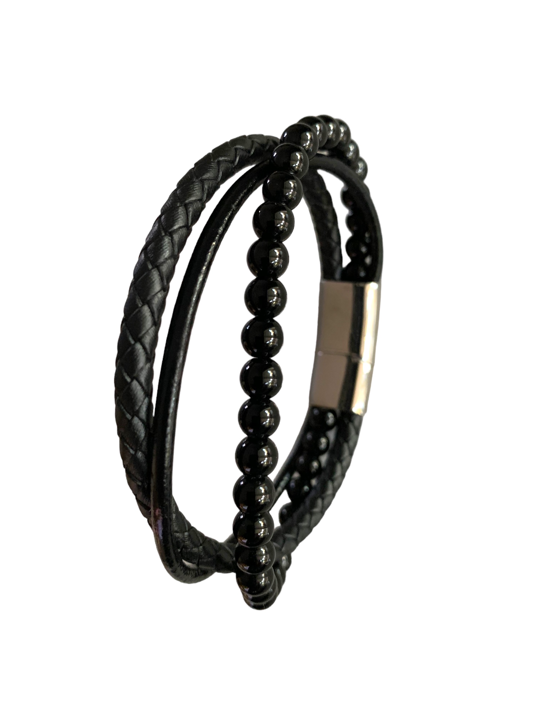 Set bracelets multi-rangs en cuir et de pierre obsidienne