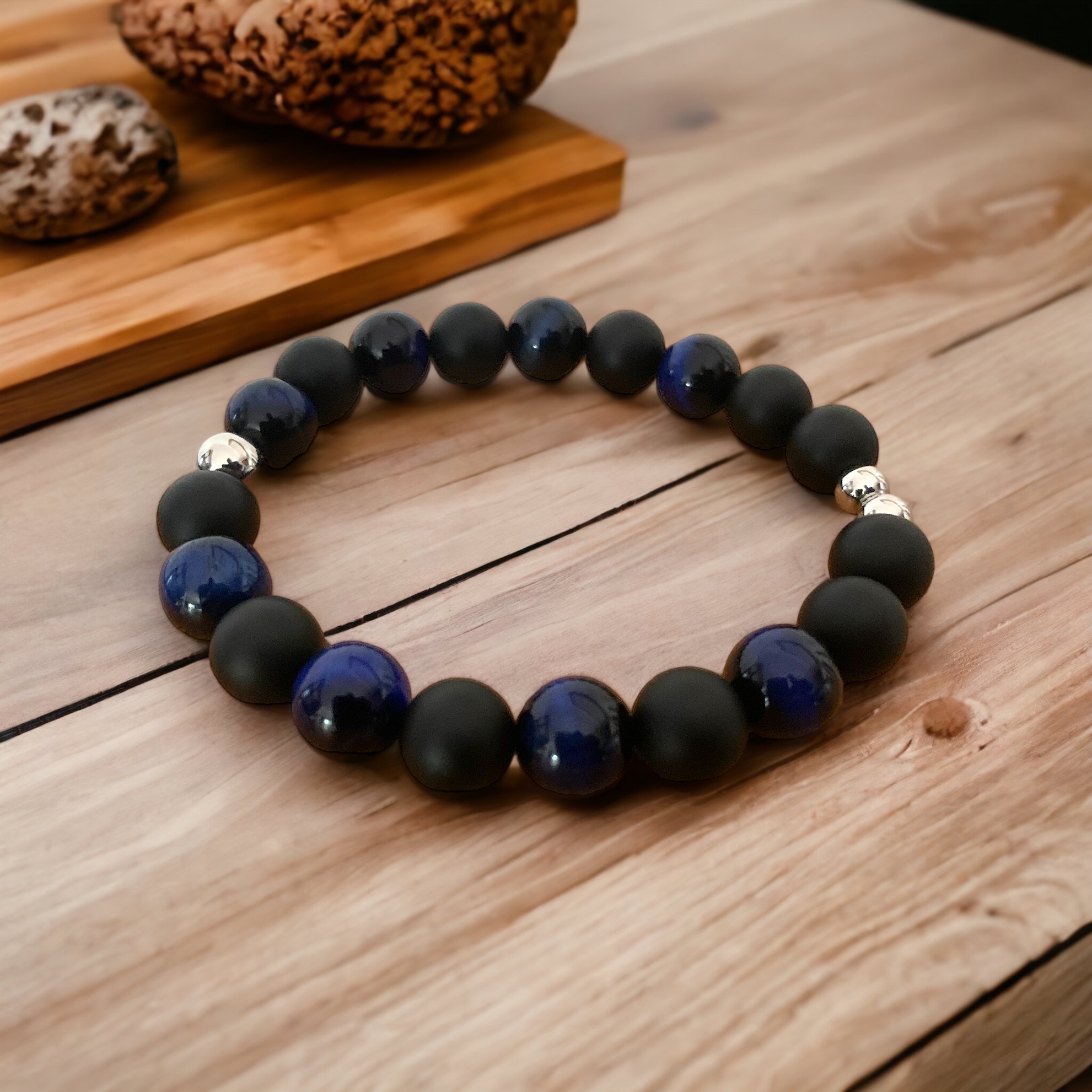 Bracelet Œil de Tigre Bleu et Onyx Mat Serenity