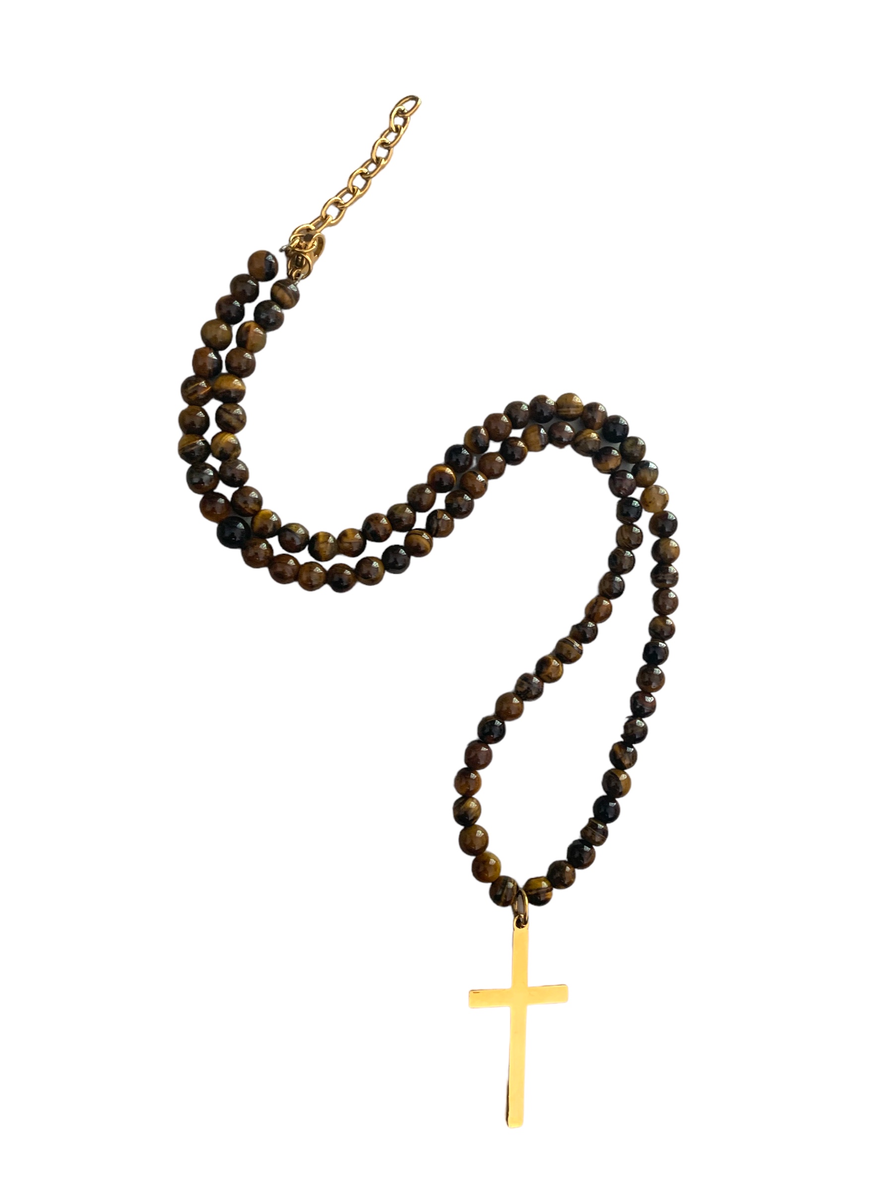 Collier de perles Oeil de Tigre et pendentif croix