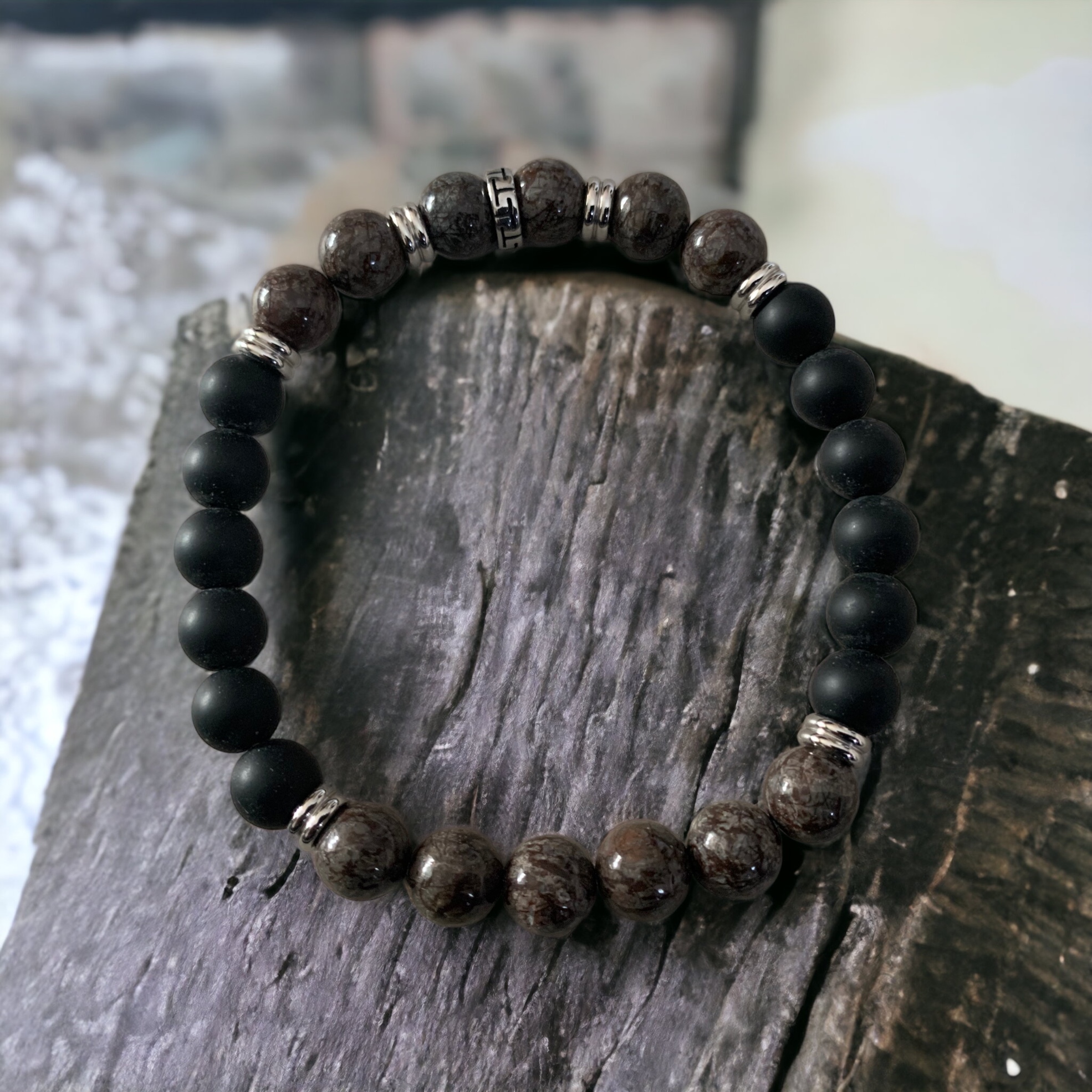 Bracelet Agate noire et Obsidienne flocon de neige brun