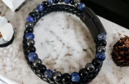 Bracelet en cuir, perles Lapis-lazuli, Agate, Hématite