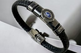 Bracelet en Cuir tressé , Acier et pierre Lapis-lazuli