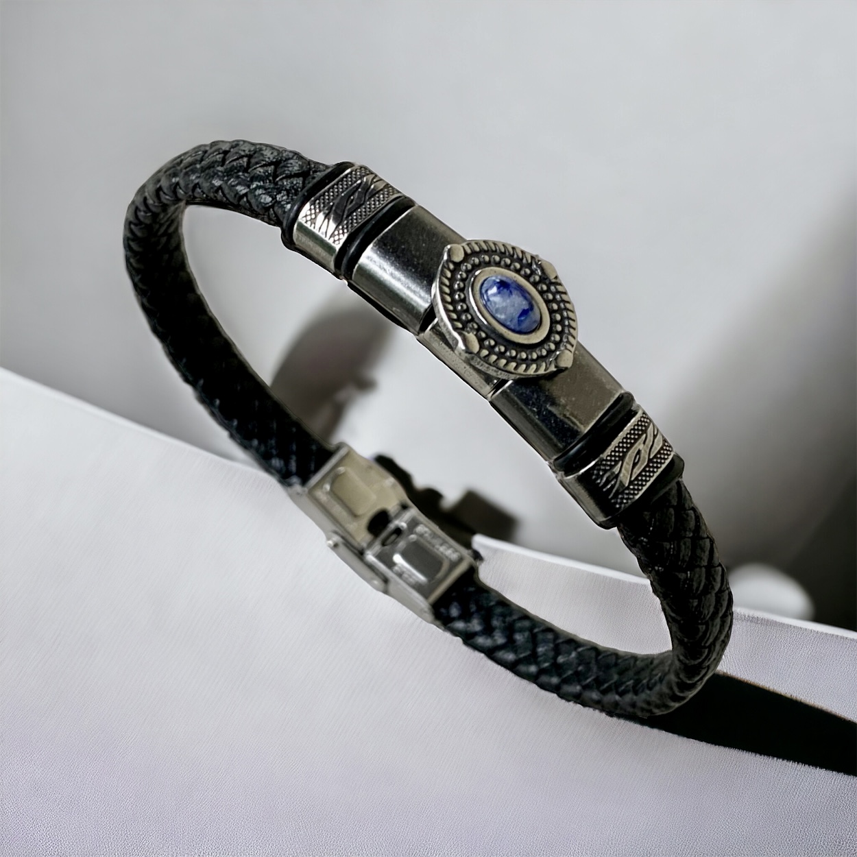 Bracelet en Cuir tressé , Acier et pierre Lapis-lazuli