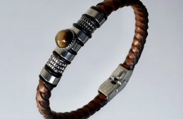 Bracelet en Cuir marron tressé, pierre Oeil de tigre, Acier