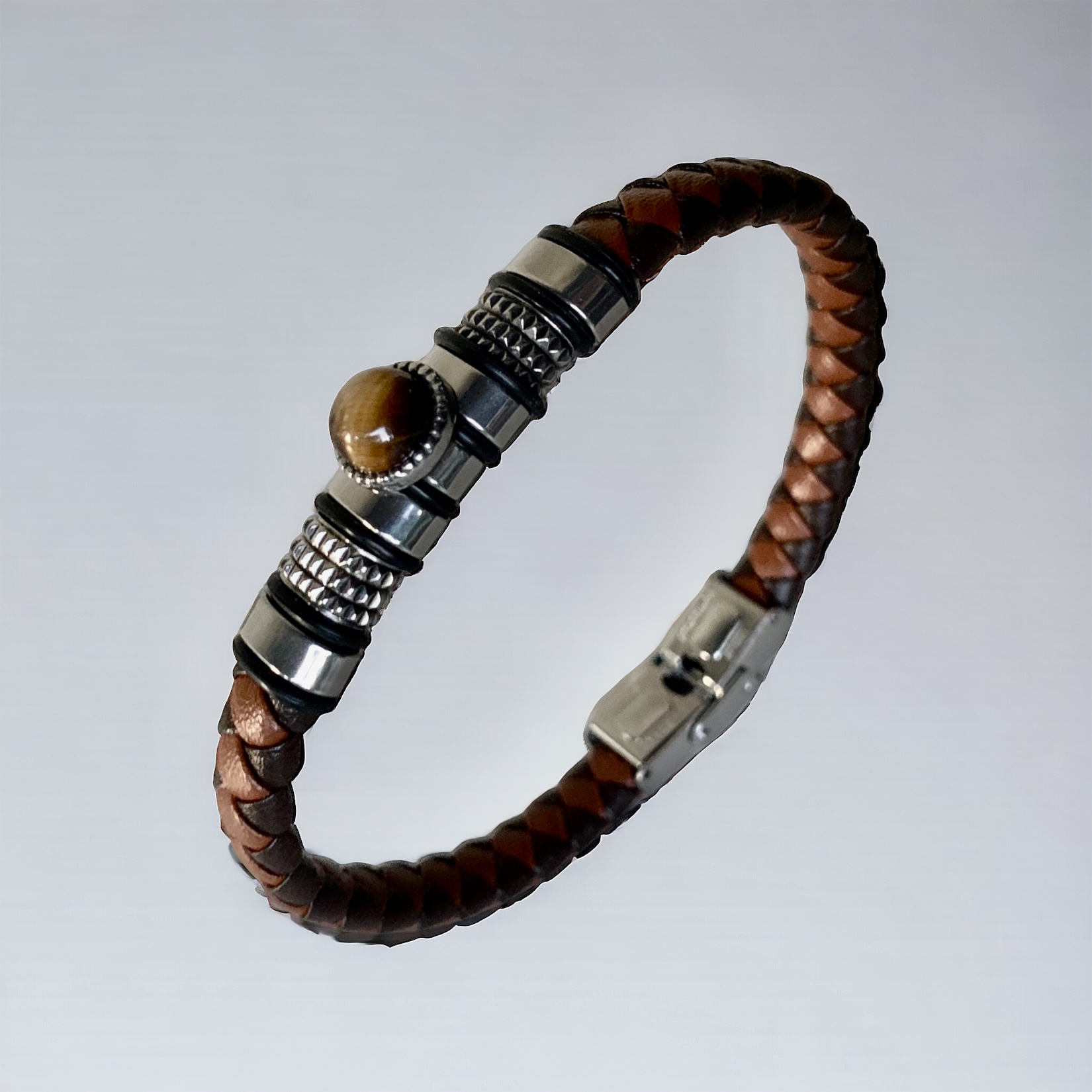 Bracelet en Cuir marron tressé, pierre Oeil de tigre, Acier