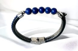 Bracelet en Cuir noir, Bleu tressé, Acier et pierre Lapis-lazuli