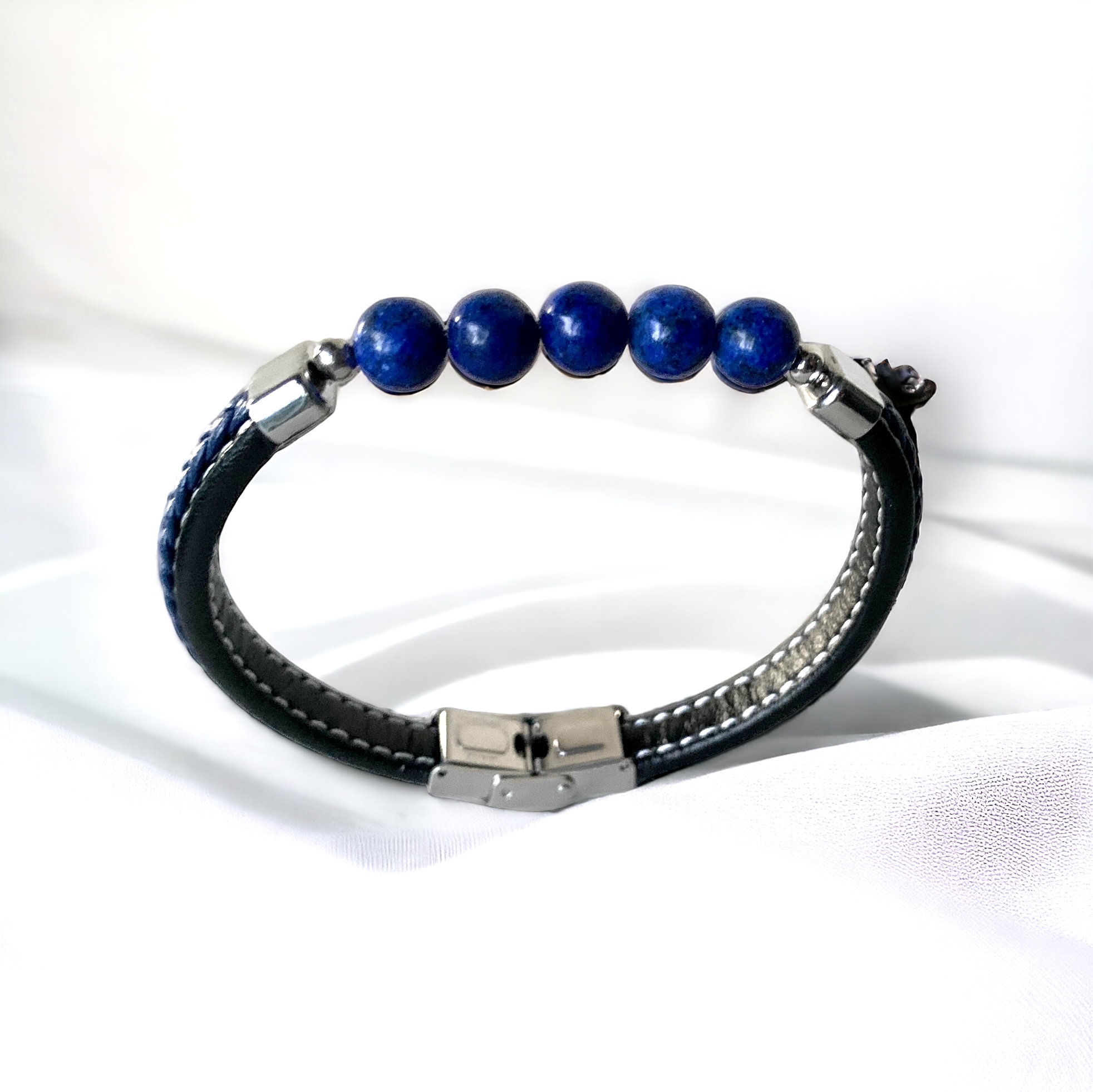 Bracelet en Cuir noir, Bleu tressé, Acier et pierre Lapis-lazuli