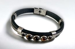 Bracelet en acier inoxydable, cuir et perles Oeil de Tigre