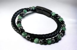 Bracelet cuir et pierre d’Agate, Hématite , Calcédoine vert