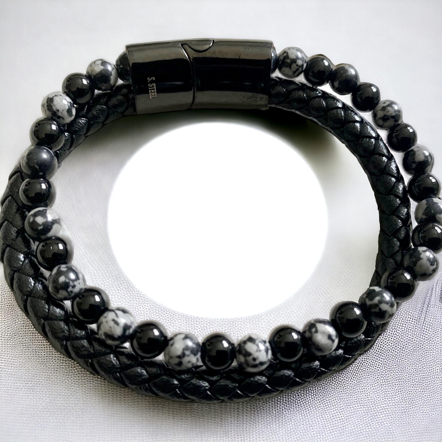 Bracelet en cuir tressé et pierre d’Agate, Obsidienne flocon de neige