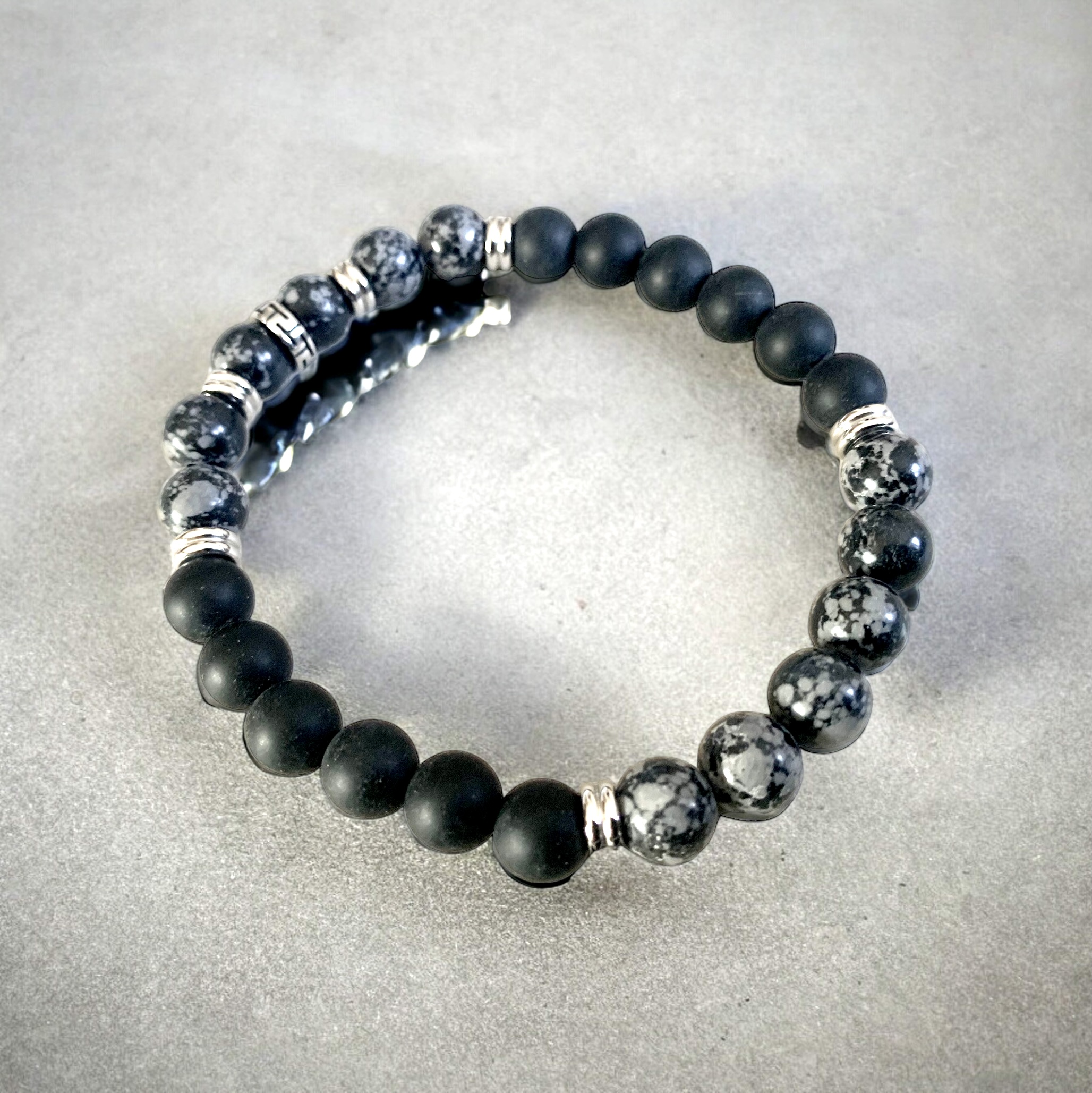 Bracelet pierre Agate noire et Obsidienne flocon de neige