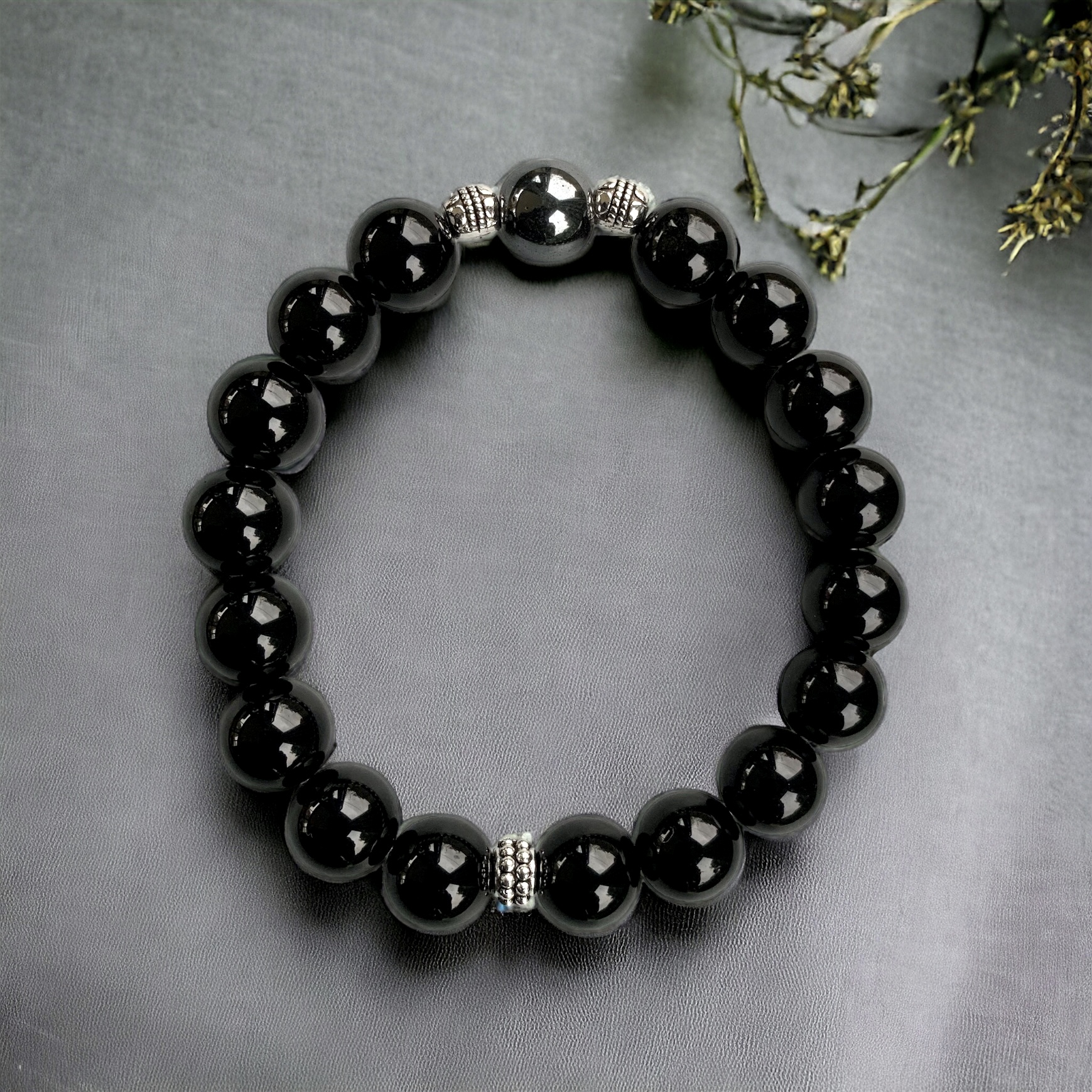 Bracelet de perles naturelle Obsidienne noire et Hématite